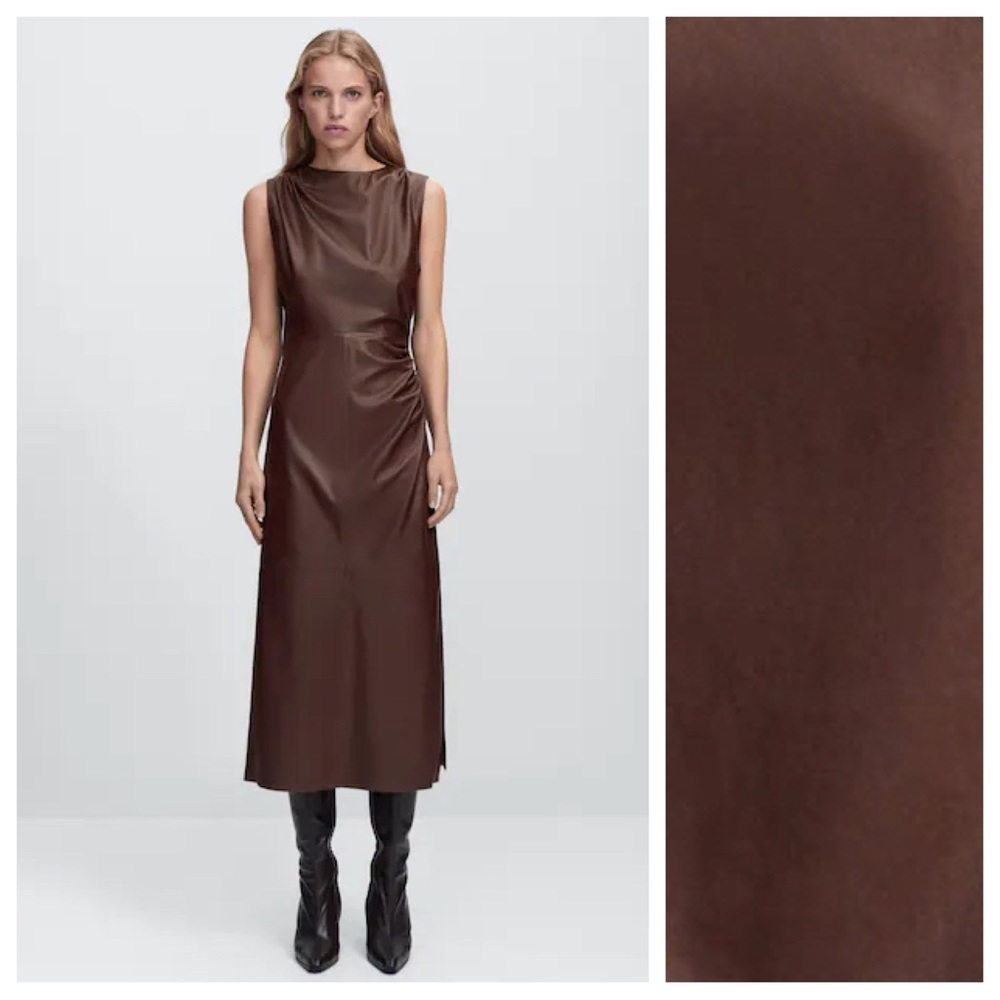 NWT. Massimo Dutti Brown Nappa Leather Midi Dress with Gathered Detail. Size XS.